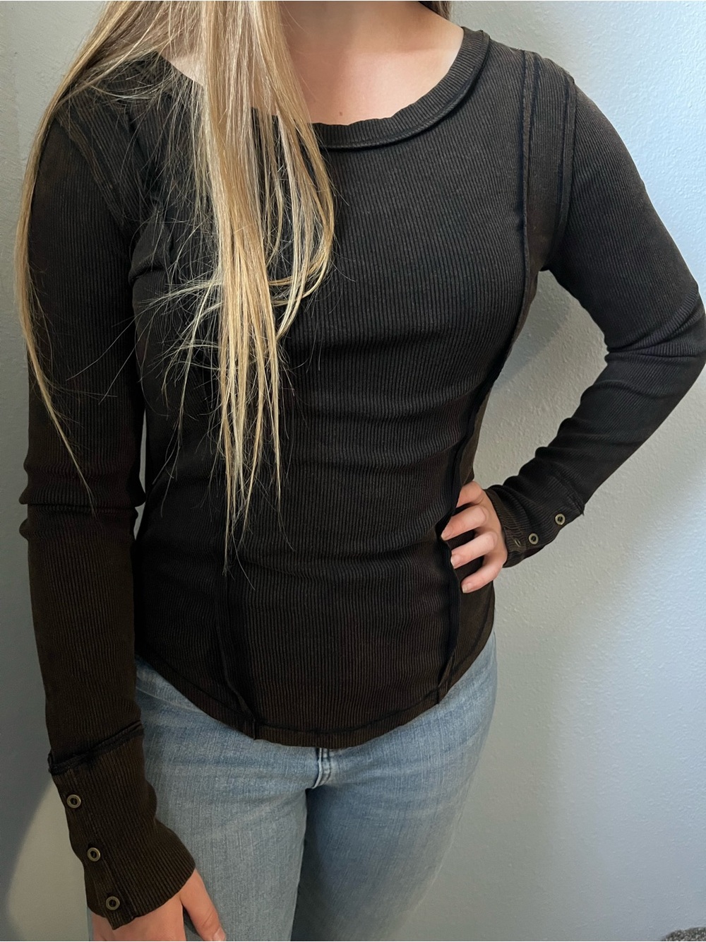Distressed black Button Cuffed Long Sleeve Tee